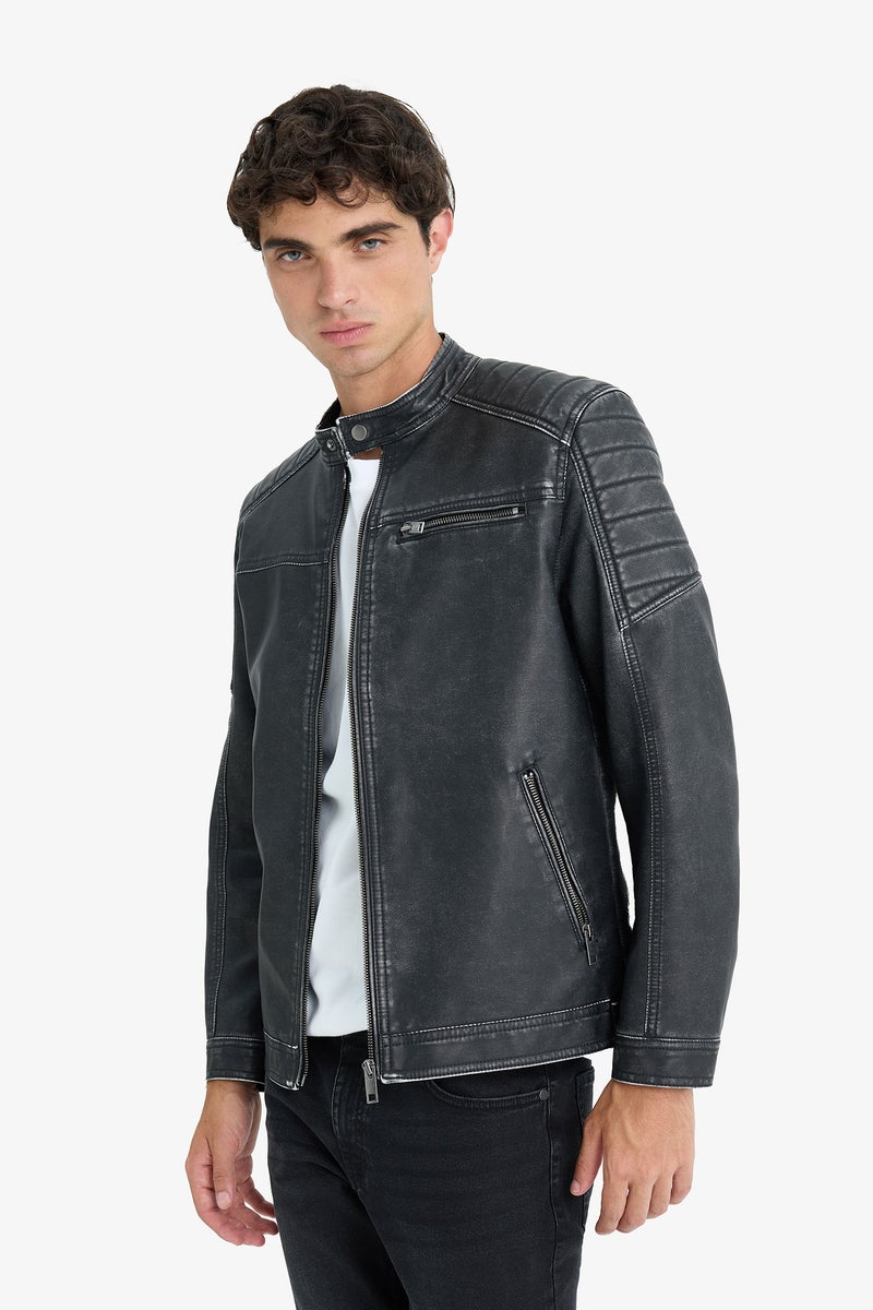 DeFacto Black Man Slim Fit High Neck Zippered Faux Leather Jacket Casual - Image 4